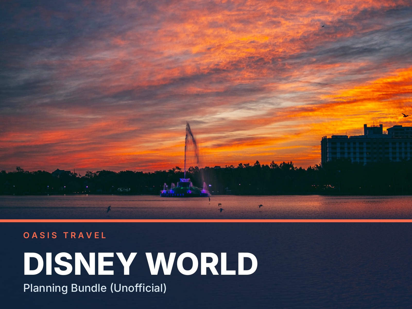 The Lake Eola fountain at sunset in downtown Orlando