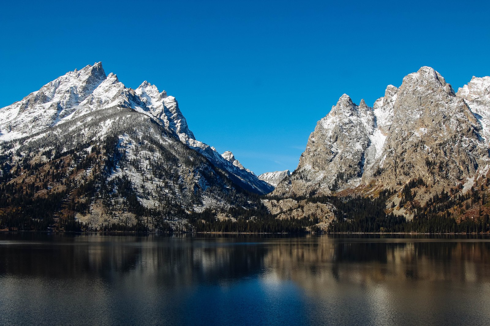 Jenny Lake with the snow-capped Teton peaks reflected in it