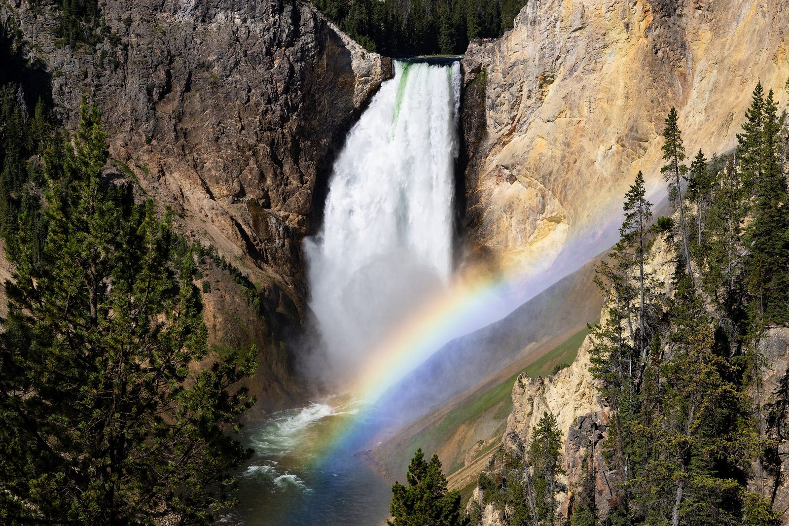 The Lower Falls of the Yellowstone River with a rainbow in the mist